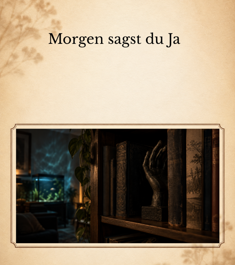 ein Bücherregal mit eine Handskulptur. Im Hintergrund ein Aquarium