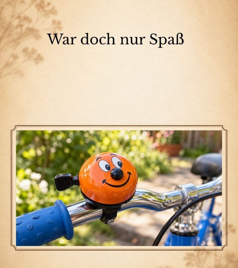 Orange Fahrradklingel mit einem grinsenden Gesicht am Lenker eines blauen Fahrrads